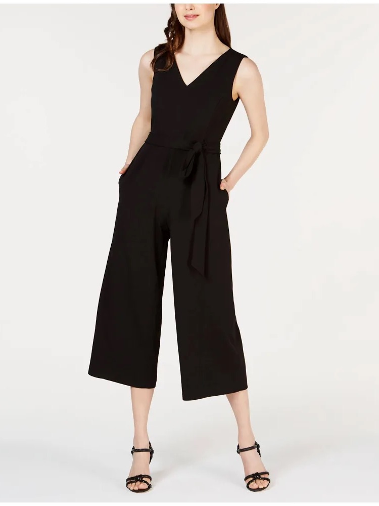 Calvin Klein Black Sleeveless V-Neck Wide-Leg Tie-Waist Jumpsuit